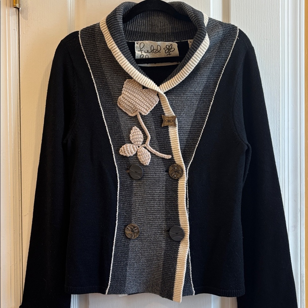 EUC Lilla P Black & Gray Shawl Collar Cardigan with Cream Trim L